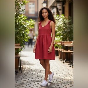 NWOT Burgundy Linen-Blend Tie-Shoulder Skater Dress - Size Small